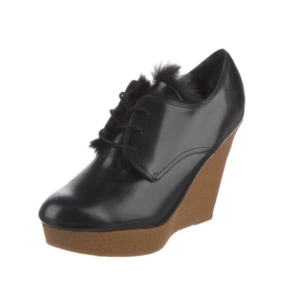 3.1 PHILLIP LIM Black Leather Fur Trim Wedge Platform Pumps Size 10 - Picture 2 of 11